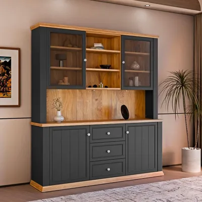 Immagine prodotto di Vetrina Essenza 4 Ante, 3 Cassetti e Nicchie a Giorno Grigio Scuro e Rovere – Stile Classico Moderno