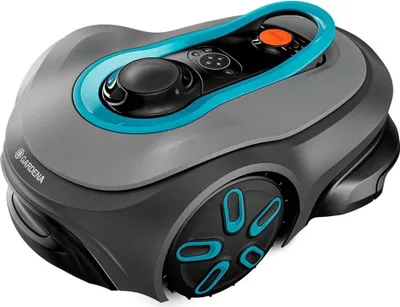 A robotic lawnmower is shown from a diagonal angle against a white background.
