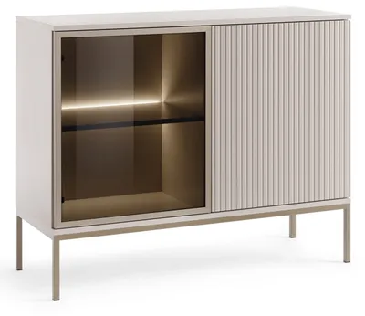 Image de Sideboard 104 cm Haller - Commode 2 portes - Eclairage LED, pieds en bois, lamelles - Style loft (Beige)