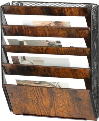 Immagine prodotto di Portariviste da parete in legno con 5 scomparti, portariviste in metallo, ganci, scomparti da parete, carta A4, archiviazione documenti, organizer per ufficio e scuola, nero/antico