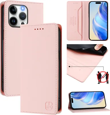Produktbild von Lederhülle für iPhone 14 Pro Max Hülle Flip Brieftasche Kartenfächern Ständer Schutzhülle Pink