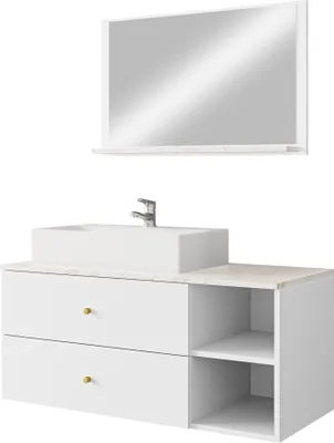 Produktbild von MIRJAN24 Badmöbel Kertos I, 3er-Set Badmöbel-Set, Spiegel, Waschbeckenschrank, Waschbecken, Aluminiumgriffe, Spihon (Farbe: Weiß / Weiß + Marmor Bianco)