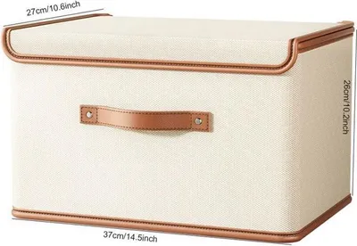 Obrázek produktu pro ÚLOŽNÝ BOX - Velký textilní koš Oxford s víkem, úložný box na grilování, ložnice, 37 x 27 x 26 cm, rýžová bílá etiketa