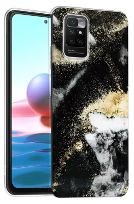 A close-up, angled view of a smartphone case with a marble and gold glitter design.