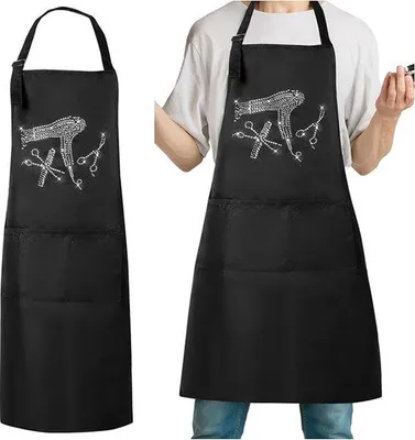 Immagine prodotto di Grembiule da barista con 2 tasche, elegante grembiule con motivo glitterato, grembiule da salone regolabile, velo da collo, grembiule nero.
