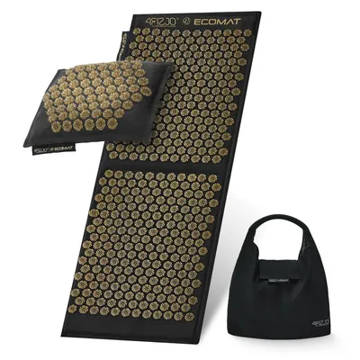 Produktbild von 4FIZJO ECO Akupressurmatte XL, mit Kissen, aus Leinen, für Massage und Entspannung, Schwarz-Gold