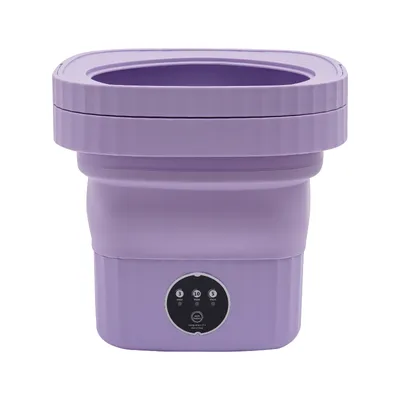 A purple, collapsible mini washing machine is shown against a white background.