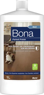 Produktbild von Bona Parkett Polish Matt 1 sorgt für einen matten Glanz und schützt deinen Holzboden langanhaltend vor Verschleiß