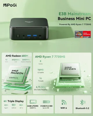 Immagine prodotto di Mini-PC E3B, processore AMD Ryzen 7 7735HS (8 core/16 thread, fino a 4,75 GHz), 24 GB di RAM LPDDR5, SSD M.2 da 512 GB, mini-computer desktop con sistema operativo Windows 11 Pro, ideale per l'uso scolastico o in ufficio, scheda grafica AMD Radeon 680M