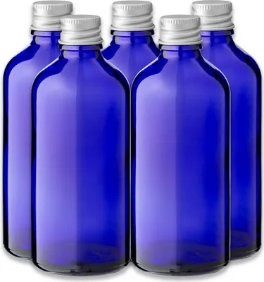 Produktbild von 5x Blaue Glasflasche 100 ml mit silbernem Aluminium Schraubverschluss