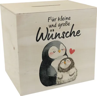 Produktbild von Pinguin Mutter und Kind Spardose aus Holz mit Spruch Für kleine und große