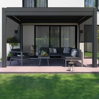 Image de Pergola bioclimatique adossée et motorisée éclairée 3x4m et 2 stores - Oviala Thebes