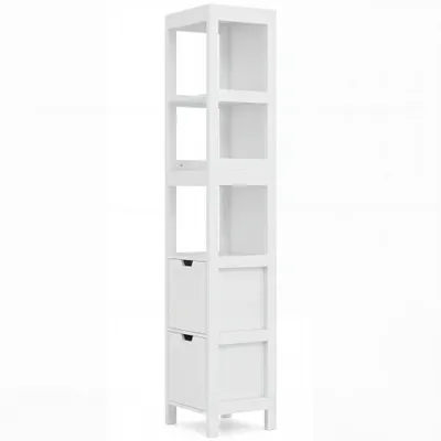 Produktbild von Badezimmerschrank, schmaler Hochschrank Holz, 3 Ablagen, 2 Schubladen, für Bad und Wohnzimmer, Weiß, KI-generiertes Bild