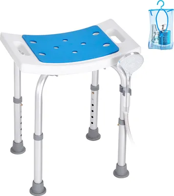 A shower stool with a blue padded seat and a detachable shower head holder, shown on a white background. A small mesh bag with toiletries is visible in the upper right corner.