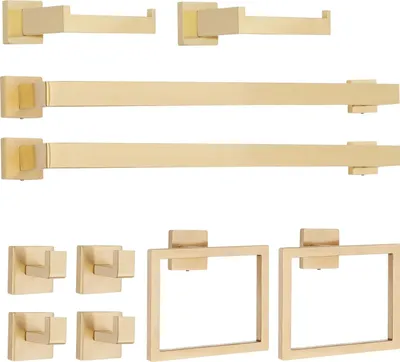 Image de Ensemble d'accessoires de salle de bain - Ensemble d'étagères murales pour salle de bain - 10 pièces - Acier inoxydable 201 - Étagère de 60 cm - Porte-serviettes, anneau, porte-papier toilette, crochets - Or