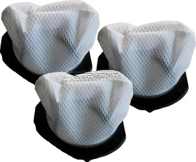Three white vacuum cleaner filters with black bases are arranged in a cluster on a white background.