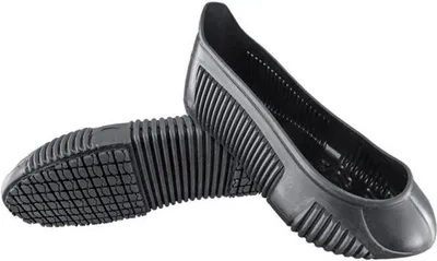 A pair of black anti-slip shoe covers.