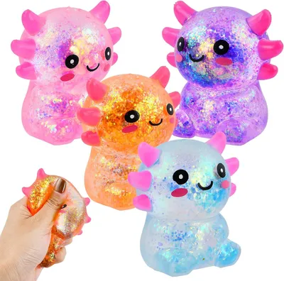 Productafbeelding van Axolotl Squishy - Set van 4 - Axolotl anti-stress speelgoed met glitter - Niet giftig - Roze - Paars - Oranje - Blauw