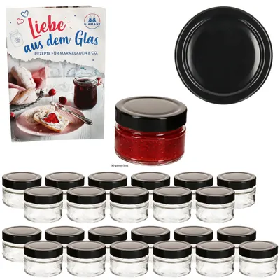 Image de Lot de 24 pots à confiture de 106 ml, avec couvercle noir et rebord relevé