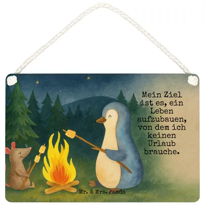 Produktbild von Mr. & Mrs. Panda Schild Pinguin Lagerfeuer Design DIN A6 - Weiß - Geschenk, Wandbild Holz, kleine aufmerksamkeit, Job, Marshmallows, Feuer, Maus, holzbild, Holzschild