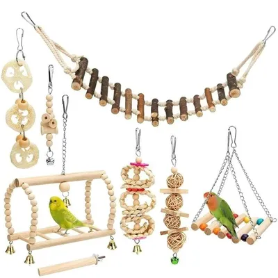 Produktbild von Vogelspielzeug 8-teilig mit Kauspielzeug und Schaukeln für Vogelkäfig - Ideal für Volierendekoration und Glockenspielzeug für Papageien,Sittiche,kleine Aras
