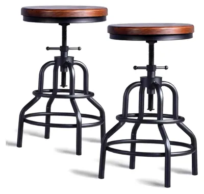 Produktbild von Industrieller Barhocker, höhenverstellbar 50-68 cm, Sitzfläche aus Massivholz 33 cm, Metallgestell, Schwarz