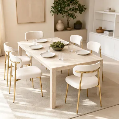 Produktbild von Flieks Esszimmerstühle 6er Set mit höhenverstellbar, goldfarbenes Gestell, Polsterstühle für Esszimmer, Küche, Polsterstühle 51x50x81cm, Weiß+Gold