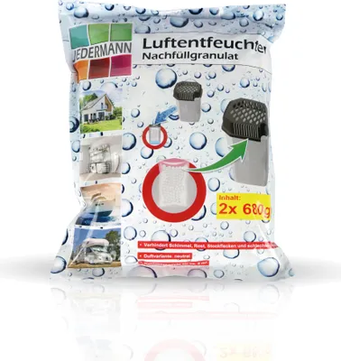 Produktbild von Luftentfeuchter Nachfüll Granulat (2x 680g), bis 55m² Raumgröße - für Luftentfeuchterbox mit Ausgießer