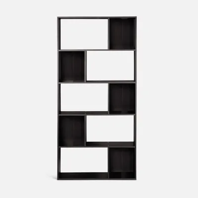 A black bookshelf with multiple compartments against a white background.