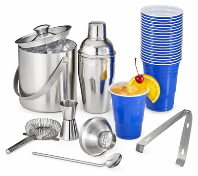 Produktbild von 57 teiliges Cocktail Set, für Hobby Barkeeper, mit Shaker, Eiszange, Abseiher, Barmaß, Eiseimer, Löffel, Getränkebecher