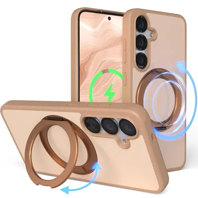Produktbild von EAZY CASE - MagSafe Handyhülle für Samsung Galaxy S25, Ring zum Aufstellen, 360° drehbar, Magsafe Silikonhülle zum Aufstellen, stoßfest Cover in Braun