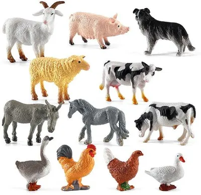 Immagine prodotto di Confezione da 12 giocattoli colorati con animali della fattoria: maiale, cane, mucca, pecora, cavallo, anatra e gallina.