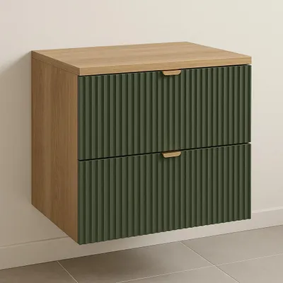 Produktbild von WENA Waschtischunterschrank 60 cm, geriffelte Fronten, Griffe aus Metall in der Farbe Gold (Farbe: Salbei/Eiche)
