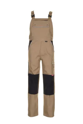 A pair of khaki and black bib overalls is shown against a white background.