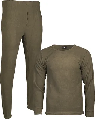 A set of olive-colored thermal underwear, consisting of a long-sleeved shirt and pants, laid out against a white background.