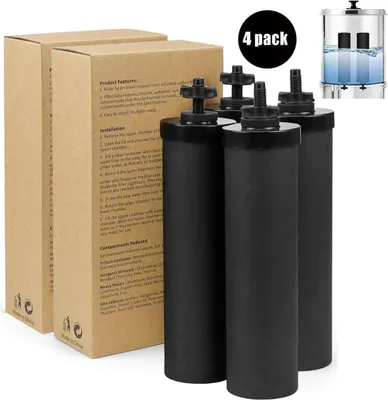 Obrázek produktu pro balení 4 filtrů pro gravitační filtrační systémy, kompatibilní s filtračními systémy Weeplow, Berkey, Berkefeld a Doulton, snižuje obsah nečistot o 99,99 %
