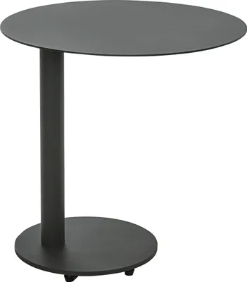 A dark gray side table with a round top and a circular base, shown against a white background.