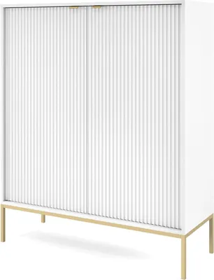 Produktbild von Highboard Kioto 104 cm Weiß & Gold – Rillenfront, Goldene Griffe, 2 Türen, Soft-Close
