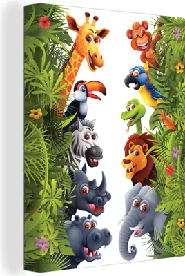 Produktbild von MuchoWow® - Leinwandbilder - Dschungel - Tiere - Jungen - Mädchen - Giraffe - Elefant - Kinder, Wandbild, Wanddeko Bilder Wohnzimmer, 60x80cm