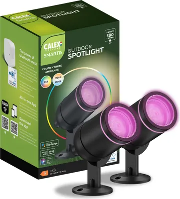 Produktbild von Calex Smart Outdoor LED Bodenstrahler, 4W, RGB-Farben & kalt- bis warmweiß Licht, dimmbar, wasserdicht, WLAN + Bluetooth Gateway App- & Sprachsteuerung, 2er Pack