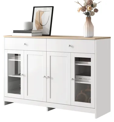Productafbeelding van Moonbite Buffetsch kast, landelijke stijl, 120 cm, servieskast met 4 deuren, 2 lades en een glazen deur, verstelbare planken, houtnerfmotief, MDF-plaat, wit