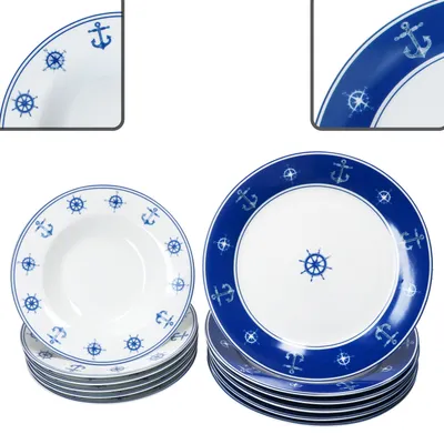 Produktbild von Ahoi 12tlg Tafelservice blau-weiße Speiseteller Suppenteller Porzellan 6 Pers
