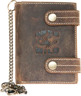 Produktbild von Biker Naturleder Geldbörse Born to be wild mit einem Skorpion und mit Einer Metallkette