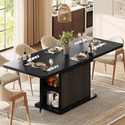Obrázok produktu pre Rozťahovací jedálenský stôl 120/160 x 80 x 76 cm, kuchynský stôl s úložným priestorom, barový stôl, čierna farba