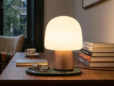 Produktbild von Kleine LED Tischlampe mit Glas Lampenschirm Weiß, Fensterbank Pilzlampe H: 27cm