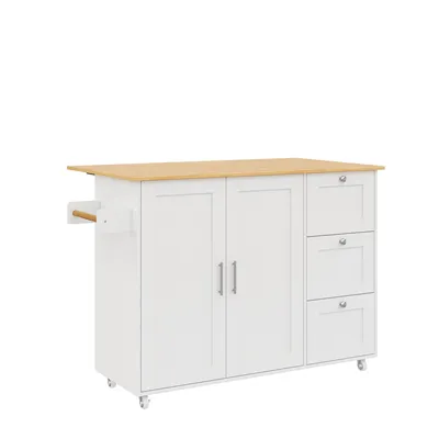 Zdjęcie produktu dla Duży, mobilny stół kuchenny o składanej konstrukcji – 135×44(70)×90 cm, blat z drewna dębowego, 3 szuflady i wieszak na ręczniki, szafka wielofunkcyjna, kolor biały-naturalny
