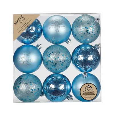 Produktbild von Weihnachtskugeln Kunststoff 6cm mit Glitzer 9er Set - Aqua Blue