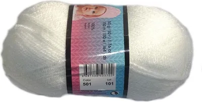 A ball of white yarn with a label wrapped around it.