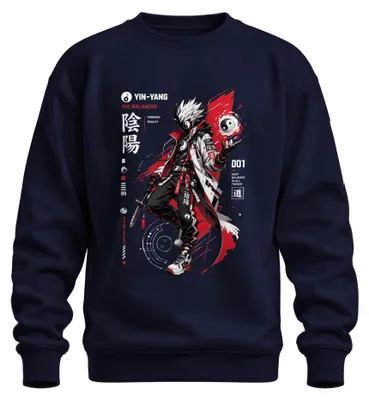 Imagen del producto de Sudadera con cuello redondo, estilo "techwear", con motivos de equilibrio "yin yang", diseño de katana, inspirada en el anime, la cultura japonesa y la estética Y2K, con estampado de manga. Color: azul marino. Talla: L