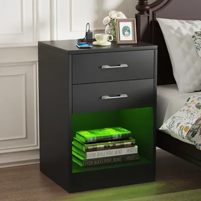 Image de Table de nuit avec éclairage LED avec 2 tiroirs 60x40x35cm noir